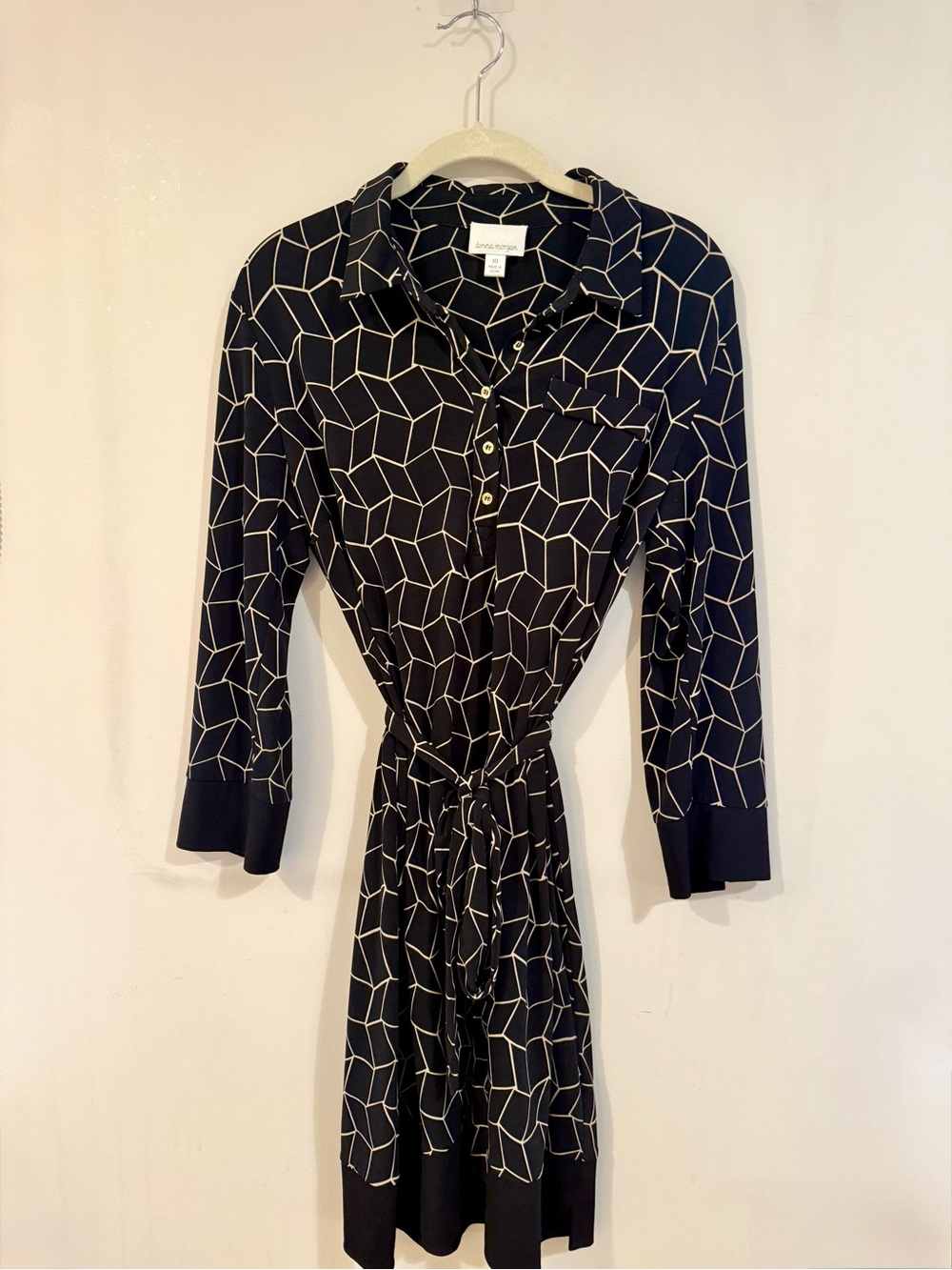 Donna Morgan Black Geometric 3/4 Length Sleeve Belted Midi Dress, Size 10